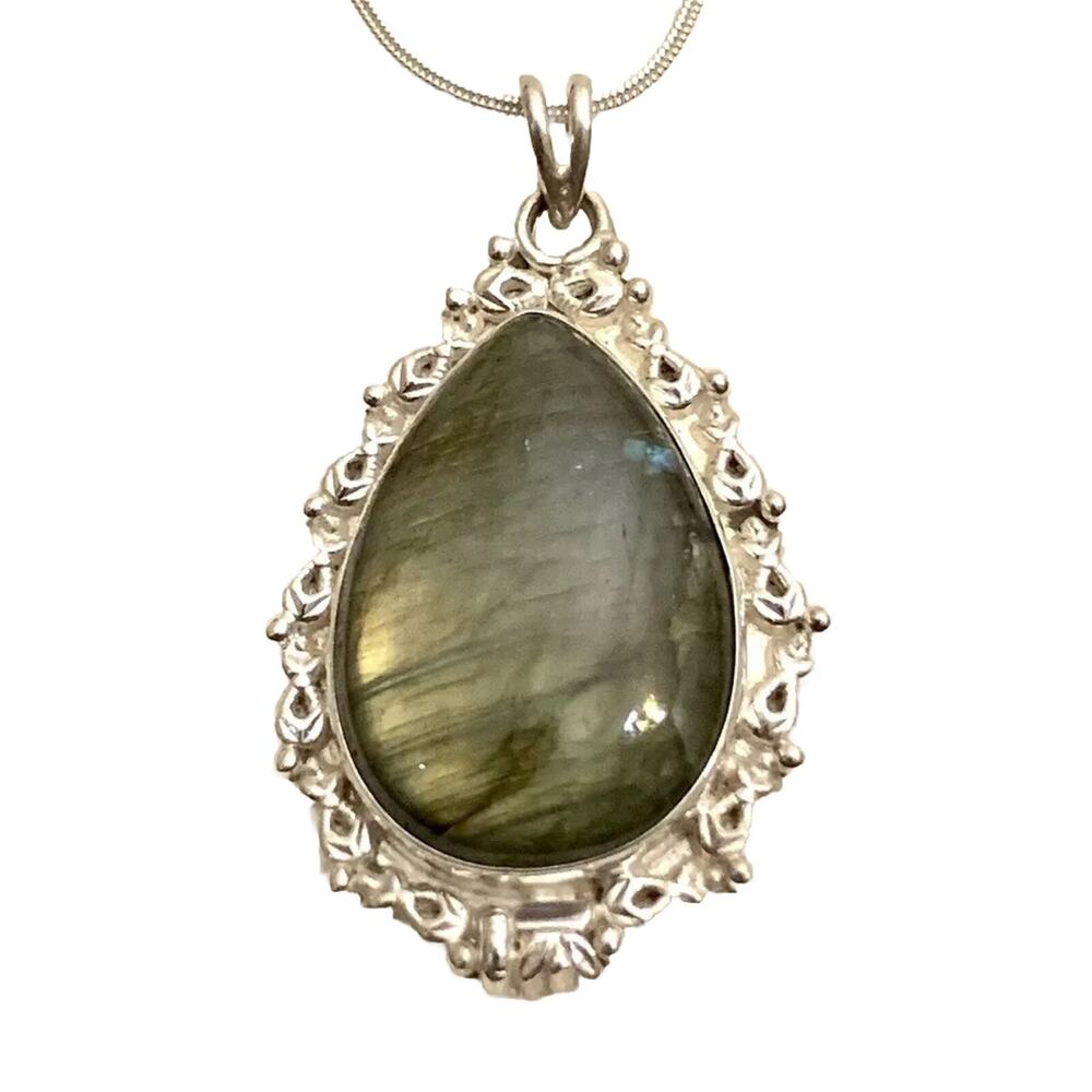 Labradorite Sterling Silver Statement Filigree Pendant & Chain Necklace 18”